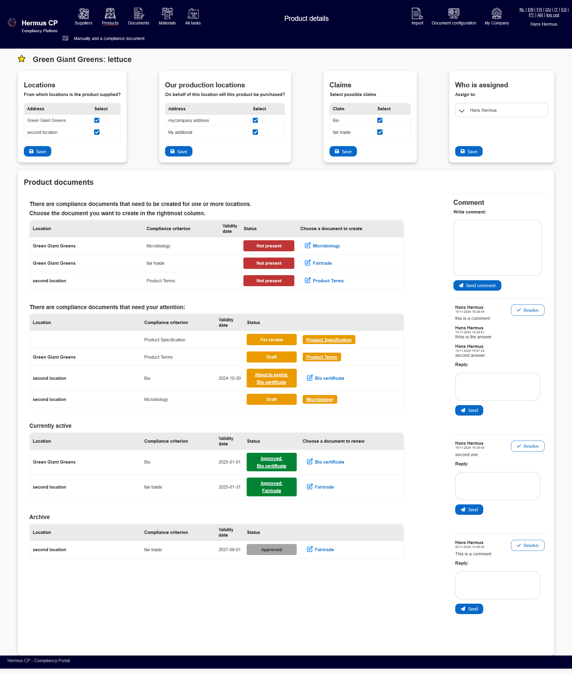 Hermus CP compliance platform screenshot for food and pharmaceutical industries