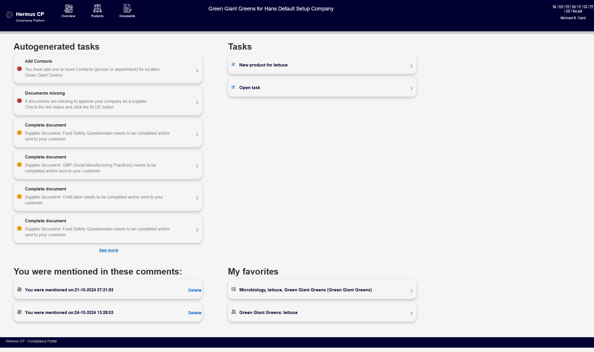 Hermus CP compliance platform screenshot supplier's view